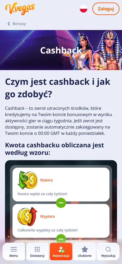 Cashback V.Vegas na telefonie z procentem zwrotu dla statusów
