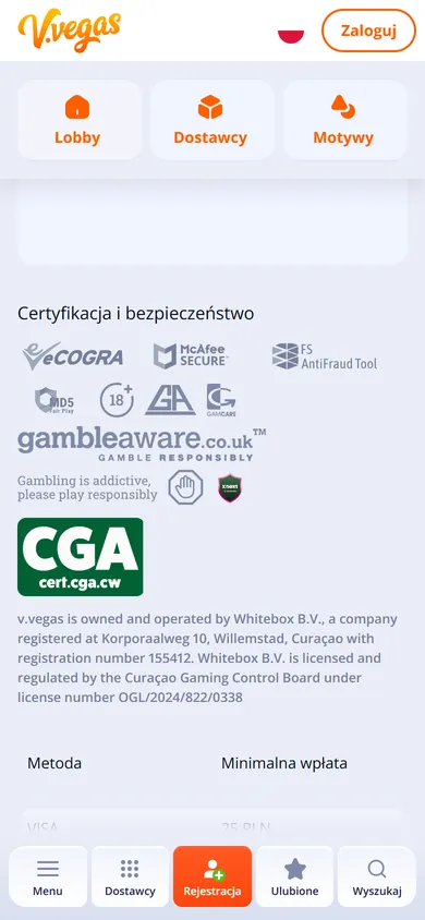 Stopka V.Vegas z certyfikatami i licencją Curaçao spółki Whitebox B.V.