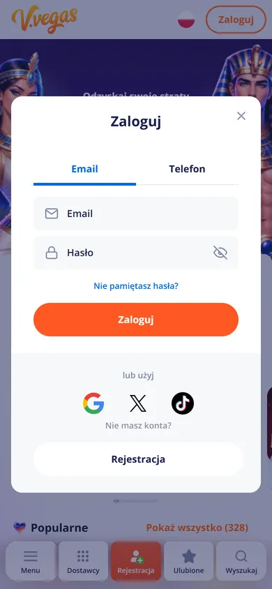 Okno Vulkan Vegas zaloguj na telefonie z polami e-mail i hasło