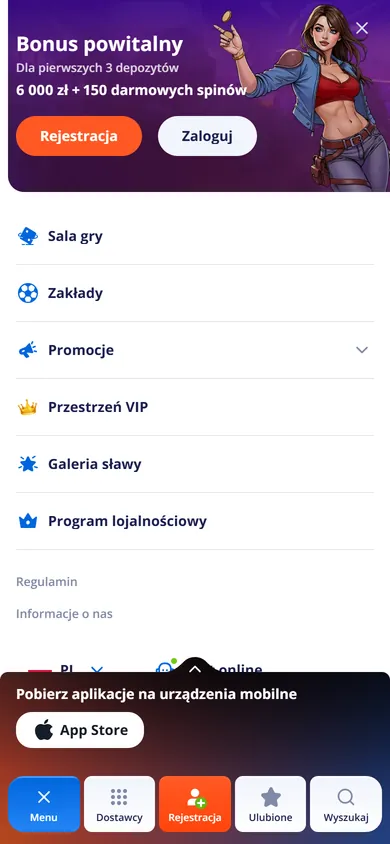 Rozwinięte menu V.Vegas na telefonie z promocjami i turniejami