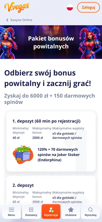 Strona pakietu powitalnego V.Vegas na telefonie z podziałem na trzy depozyty