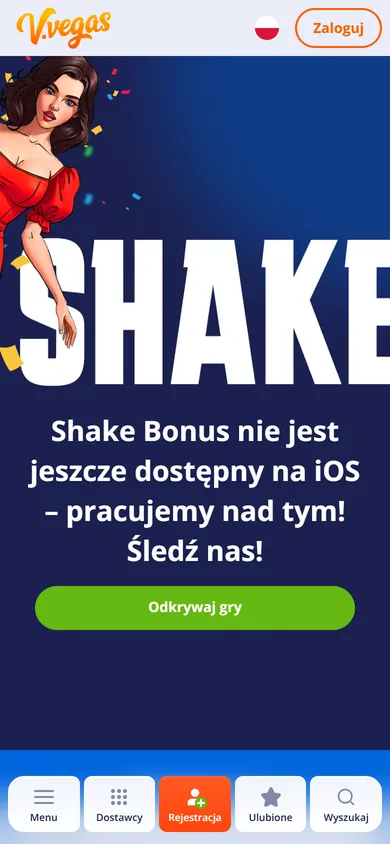 Shake Bonus V.Vegas z informacją o braku wersji na iOS