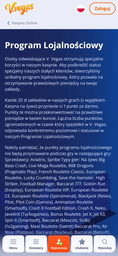 Opis programu lojalnościowego V.Vegas na telefonie z listą gier bez punktów