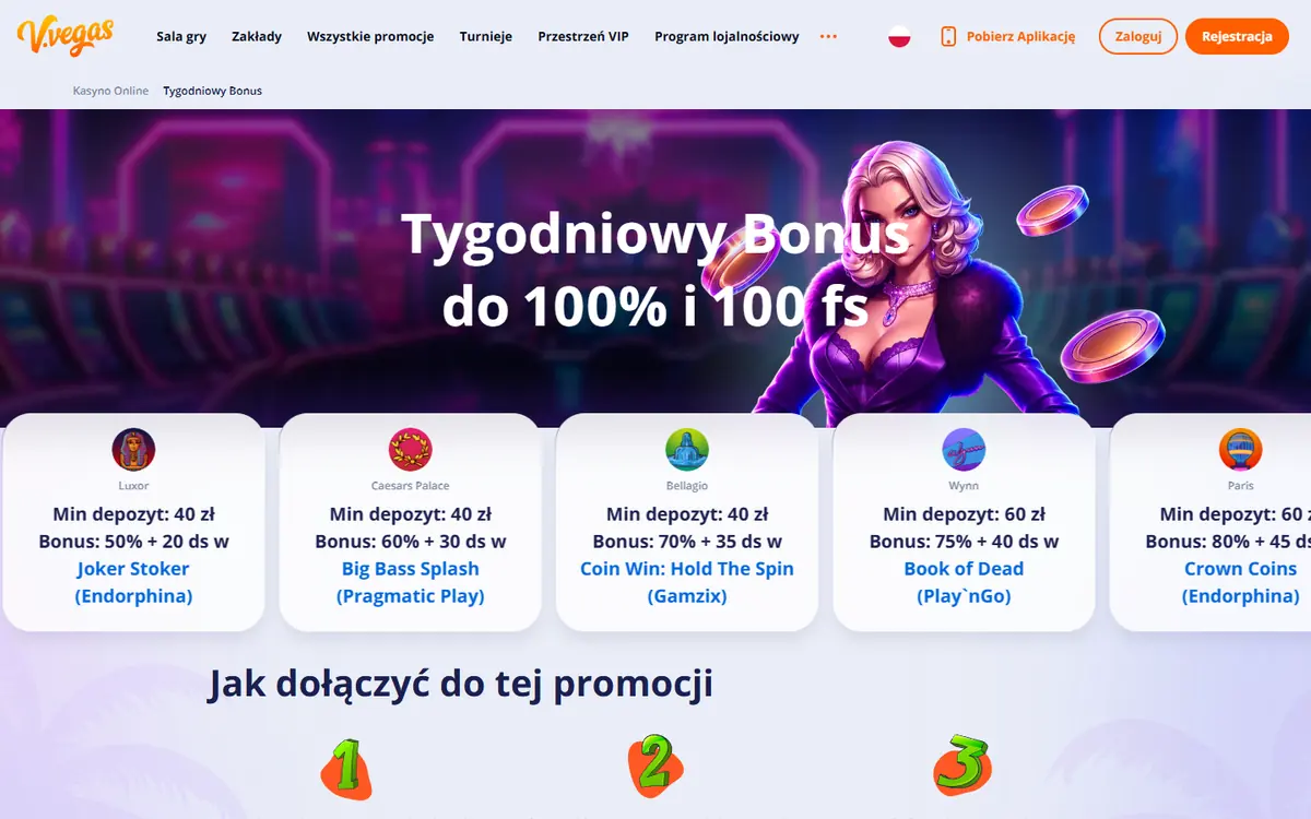 Tygodniowy bonus V.Vegas do 100% i 100 FS z kartami statusów Luxor, Caesars Palace, Bellagio i Wynn
