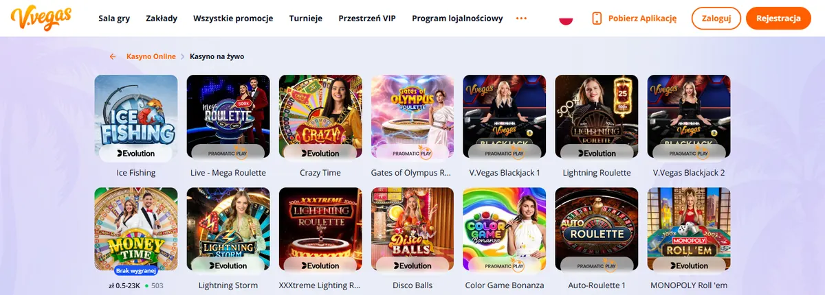 Kasyno na żywo V.Vegas z grami Crazy Time, ruletką i blackjackiem