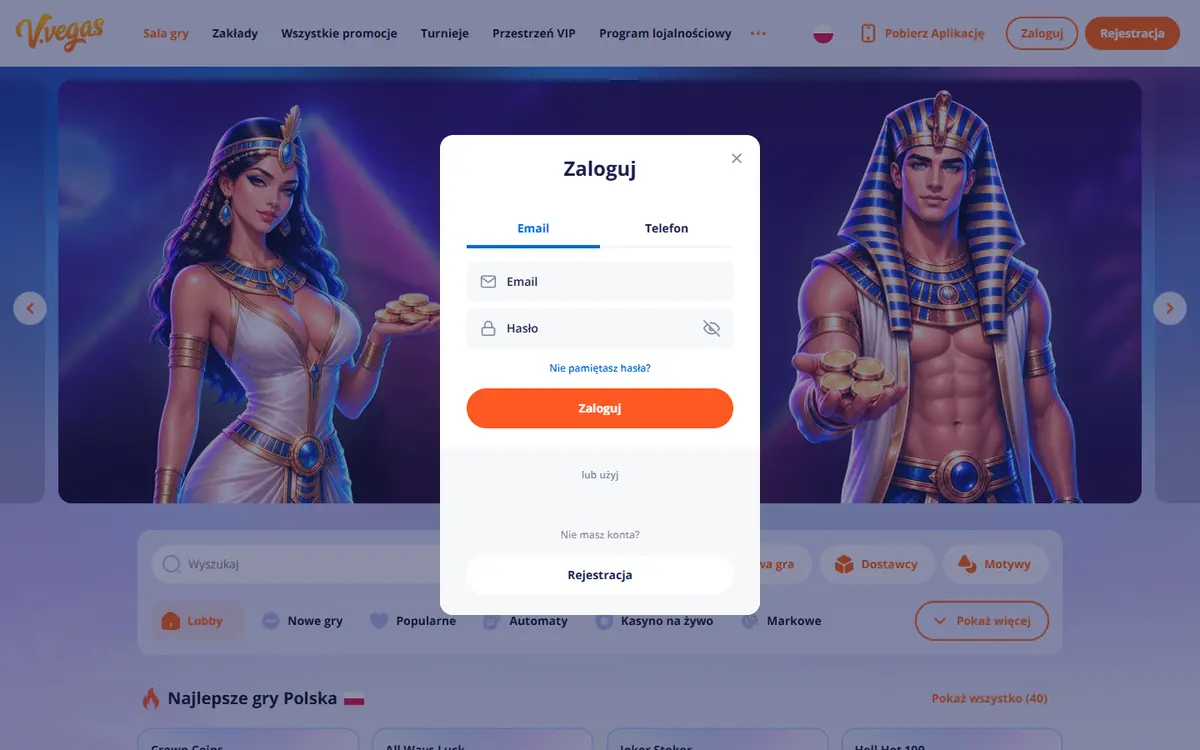 Okno Vulkan Vegas login na komputerze z wyborem e-mail lub telefon i logowaniem przez Google