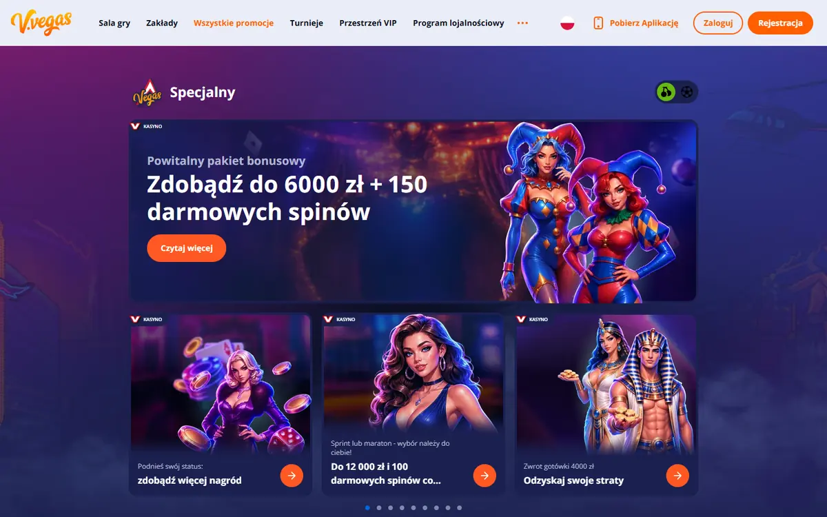 Strona Wszystkie promocje w kasynie V.Vegas z kartami bonusów