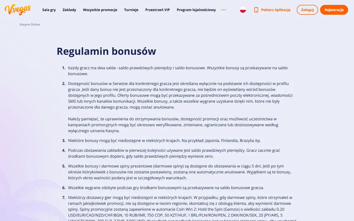 Regulamin bonusów V.Vegas z zasadą dwóch sald i kolejnością wykorzystania środków