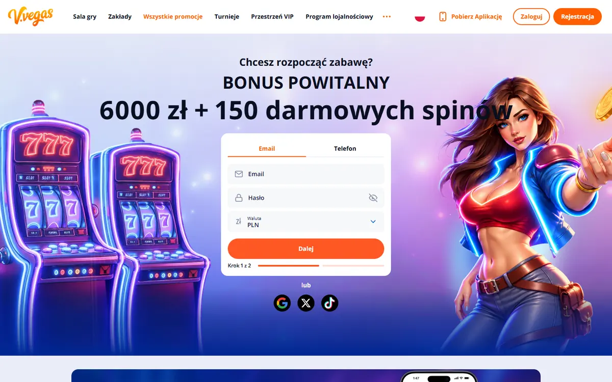 Formularz rejestracji V.Vegas z bonusem powitalnym 6000 zł i 150 darmowych spinów