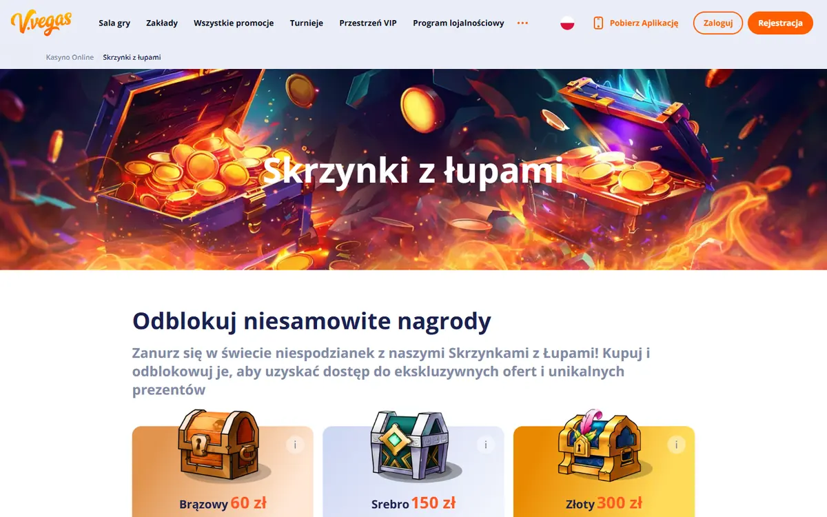 Trzy skrzynki z łupami V.Vegas: brązowa, srebrna i złota z cenami