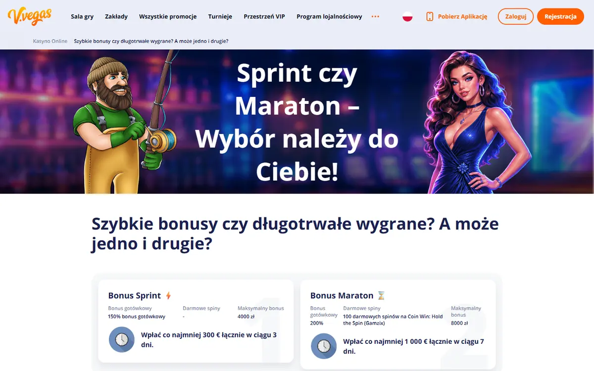 Bonus Sprint 150% do 4000 zł i bonus Maraton 200% do 8000 zł w V.Vegas
